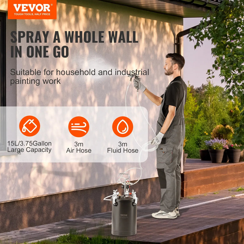 15 L krāsošanas spiedkatls ar pistoli, 4 mm sprauslu un šļūtenēm