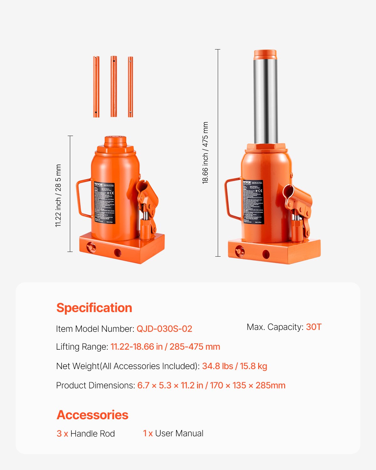 VEVOR Hydraulic Bottle Jack 30 Tonnes Manual High Lift for Car Repair Workshops