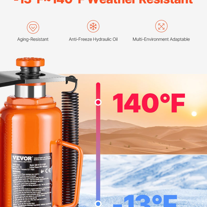VEVOR Gaisa hidrauliskais pudeles domkrats 12 tonnas, Manuālā rokas sūkņa automašīnu remonta iekārta