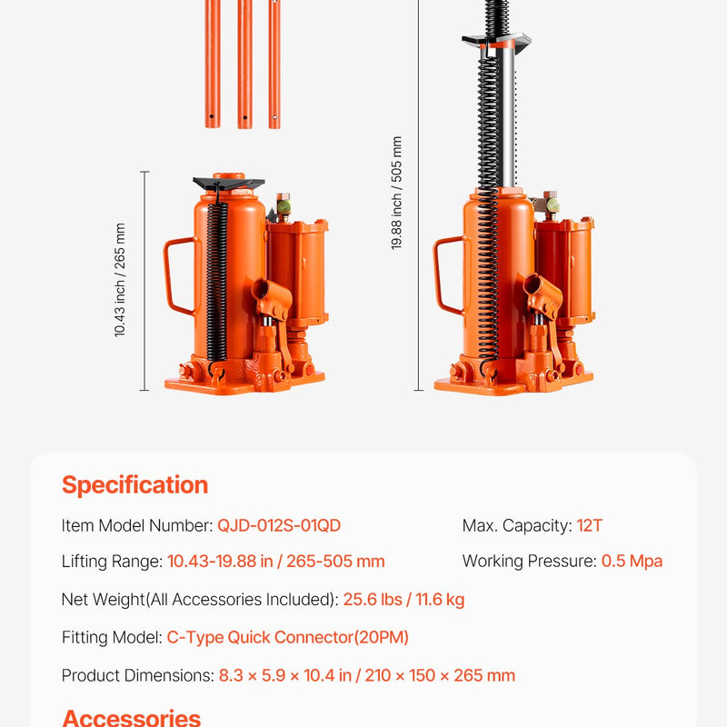 VEVOR Gaisa hidrauliskais pudeles domkrats 12 tonnas, Manuālā rokas sūkņa automašīnu remonta iekārta