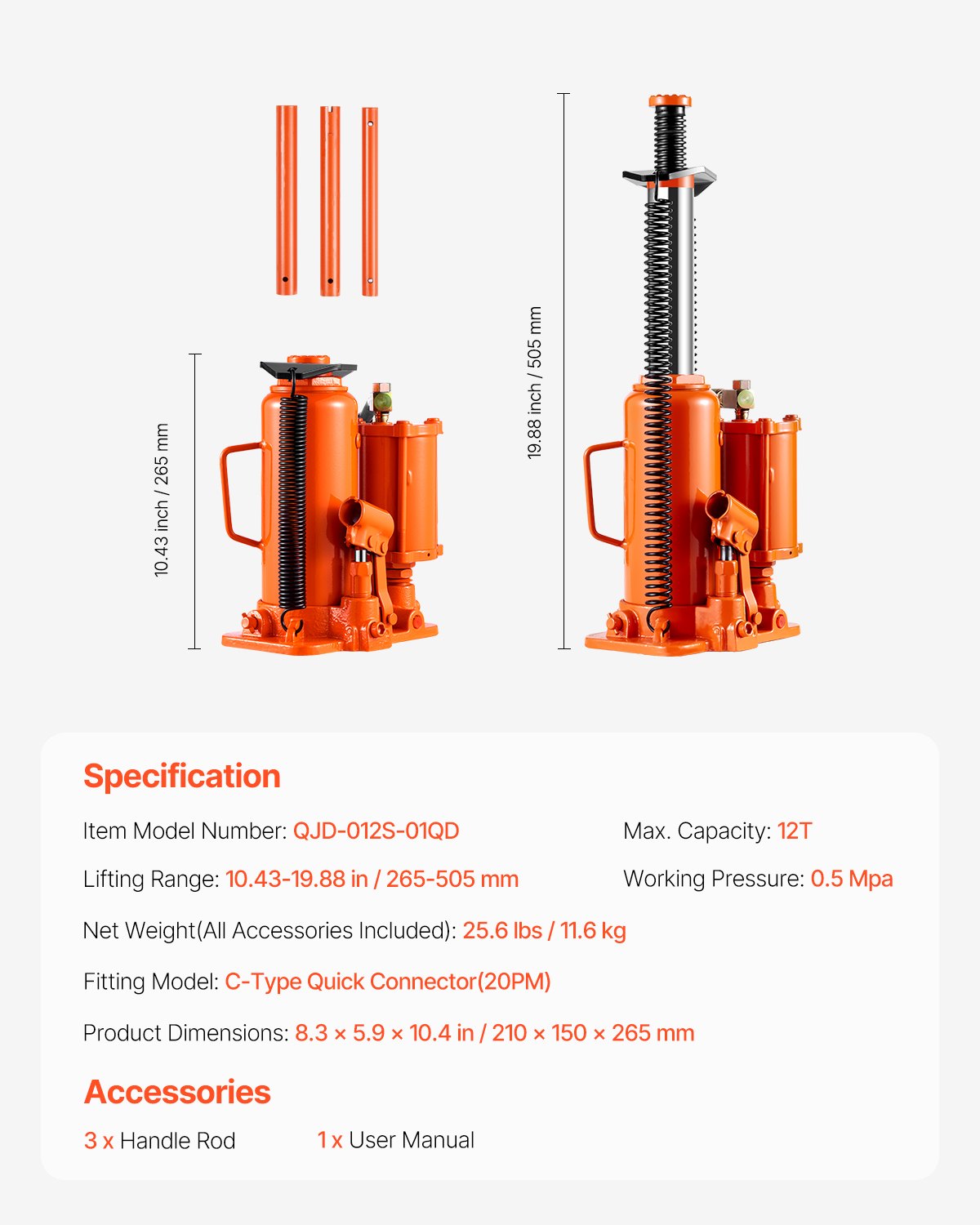 VEVOR Air Hydraulic Bottle Jack 12 Tonnes, Manual Hand Pump Car Repair Equipment