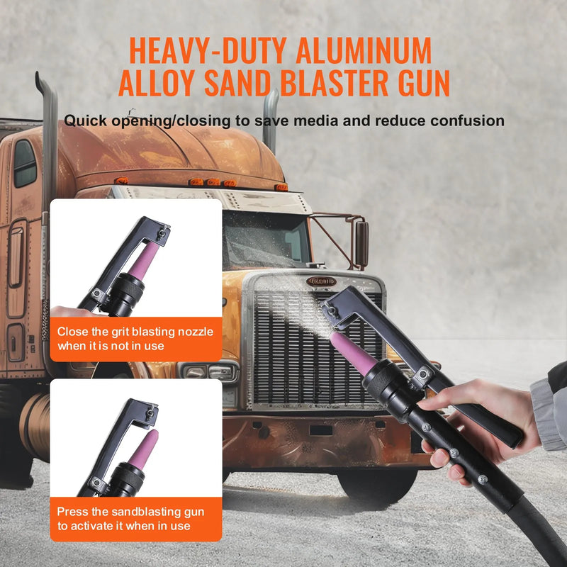 VEVOR 37,9 l smilšu strūklas iekārta, 4,1–7,6 bar, ar 2 uzgaļiem un 228,6 cm šļūteni