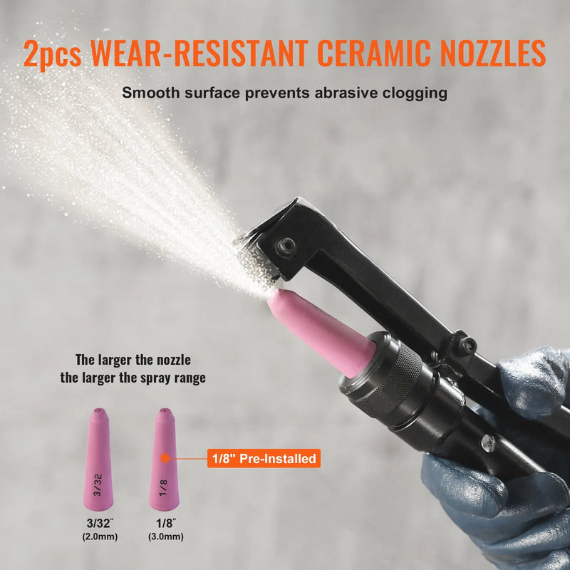 VEVOR 37,9 l smilšu strūklas iekārta, 4,1–7,6 bar, ar 2 uzgaļiem un 228,6 cm šļūteni