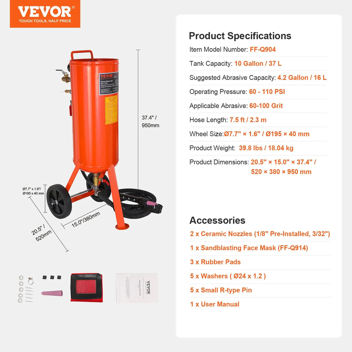 VEVOR 37,9 l smilšu strūklas iekārta, 4,1–7,6 bar, ar 2 uzgaļiem un 228,6 cm šļūteni - ZEMLETES.LV