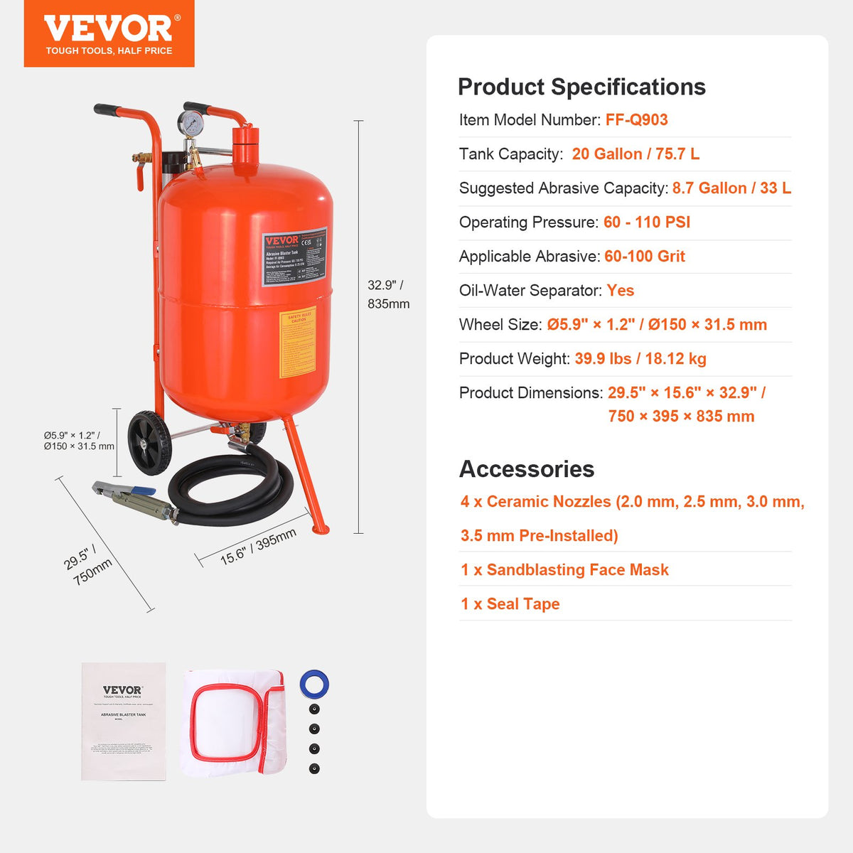 VEVOR 75,7 l smilšu strūklas iekārta, 4,1–7,6 bar augstspiediena smilšu strūklas iekārta ar 4 uzgaļiem - ZEMLETES.LV