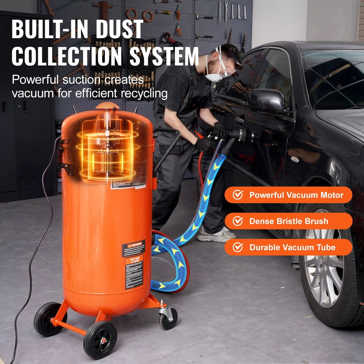 VEVOR 106 l vakuuma smilšu strūklas iekārta ar 1200 W putekļu savākšanas sistēmu un abrazīva recirkulāciju, 4,1–7,6 bar smagās klases smilšu strūklas iekārta - ZEMLETES.LV
