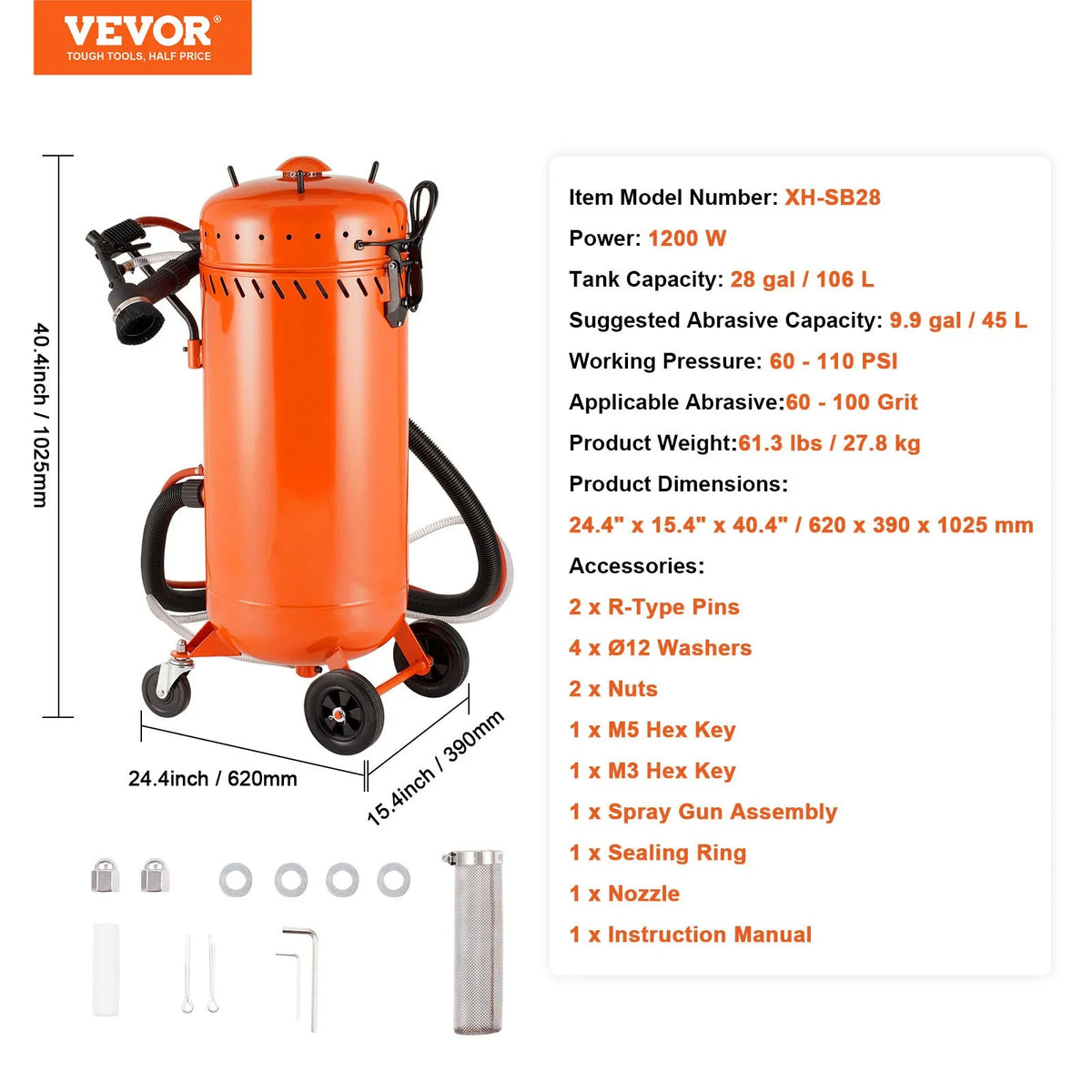 VEVOR 106 l vakuuma smilšu strūklas iekārta ar 1200 W putekļu savākšanas sistēmu un abrazīva recirkulāciju, 4,1–7,6 bar smagās klases smilšu strūklas iekārta - ZEMLETES.LV