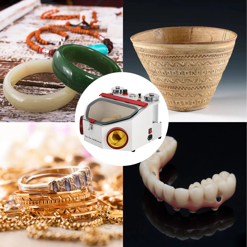 VEVOR zobu tehnikas smilšu strūklas iekārta ar 2 pildspalvām un 2 tvertnēm, zobu laboratorijas smilšu strūklas aparāts ar LED apgaismojumu, lielu skata logu un kājas pedāļa vadību zobu protēžu un restaurāciju apstrādei