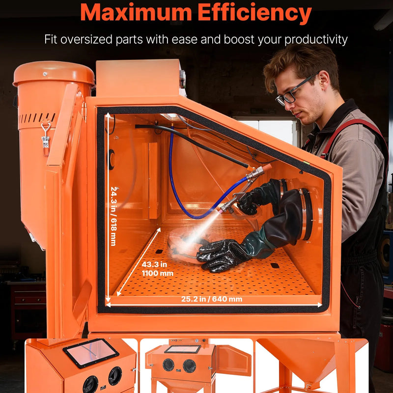 VEVOR 435 l smilšu strūklas kabīne no pastiprināta tērauda ar divu strūklas pistoļu komplektu, 117 l abrazīvā materiāla tvertni un 1200 W jaudīgu putekļu savācēju lielgabarīta detaļu rūsas noņemšanai un virsmu apdarei