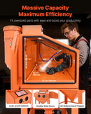 VEVOR 435 l smilšu strūklas kabīne no pastiprināta tērauda ar divu strūklas pistoļu komplektu, 117 l abrazīvā materiāla tvertni un 1200 W jaudīgu putekļu savācēju lielgabarīta detaļu rūsas noņemšanai un virsmu apdarei