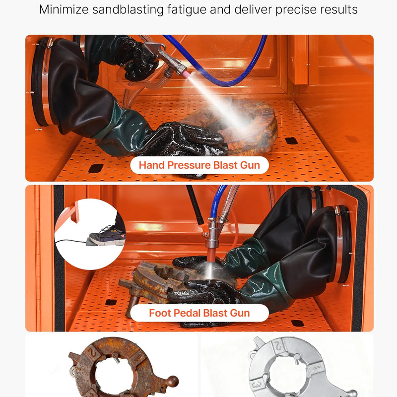 VEVOR 435 l smilšu strūklas kabīne no pastiprināta tērauda ar divu strūklas pistoļu komplektu, 117 l abrazīvā materiāla tvertni un 1200 W jaudīgu putekļu savācēju lielgabarīta detaļu rūsas noņemšanai un virsmu apdarei