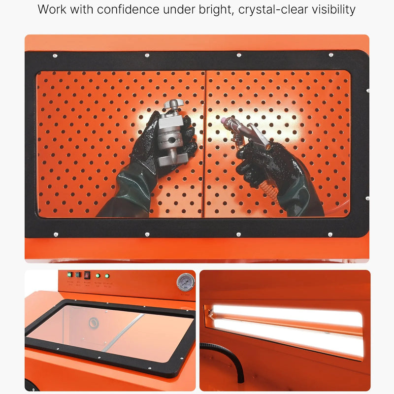 VEVOR 435 l smilšu strūklas kabīne no pastiprināta tērauda ar divu strūklas pistoļu komplektu, 117 l abrazīvā materiāla tvertni un 1200 W jaudīgu putekļu savācēju lielgabarīta detaļu rūsas noņemšanai un virsmu apdarei