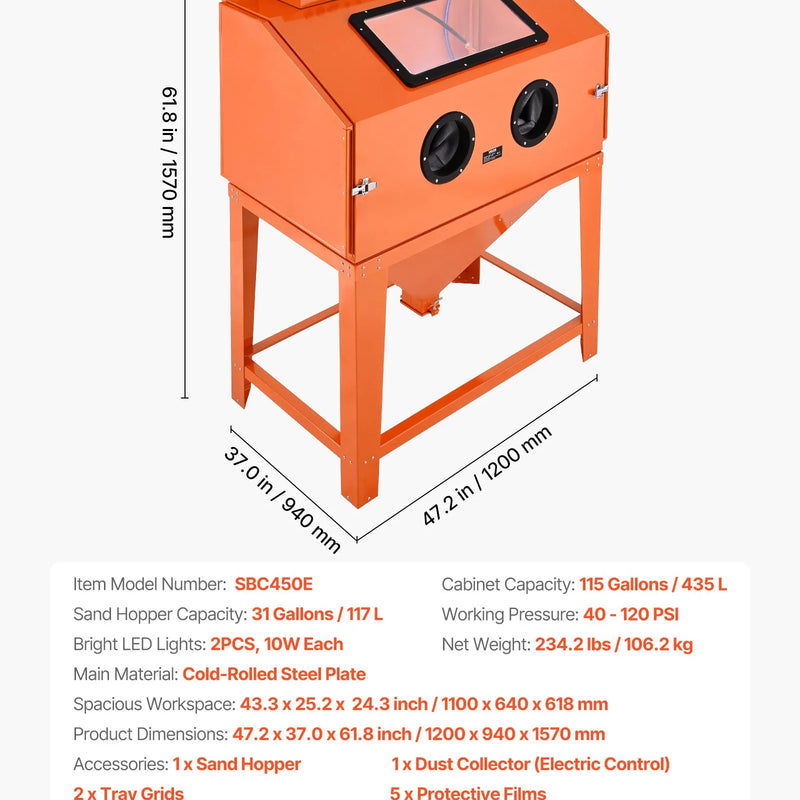 VEVOR 435 l smilšu strūklas kabīne no pastiprināta tērauda ar divu strūklas pistoļu komplektu, 117 l abrazīvā materiāla tvertni un 1200 W jaudīgu putekļu savācēju lielgabarīta detaļu rūsas noņemšanai un virsmu apdarei