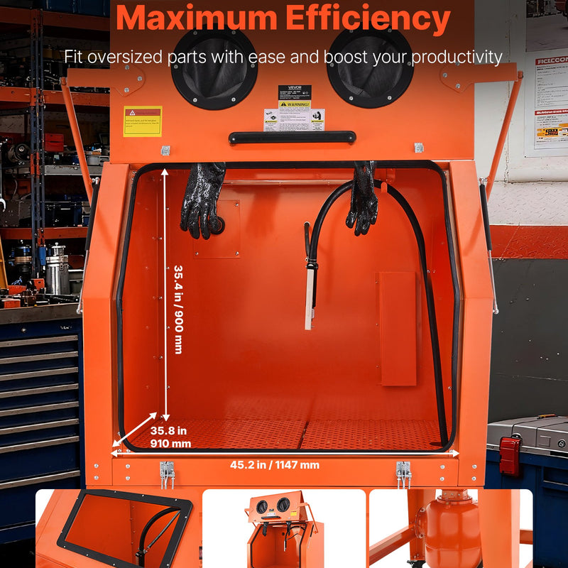 VEVOR 927 l smilšu strūklas kabīne ar spiedtvertni, pastiprināta tērauda konstrukcija uz riteņiem, 121 l abrazīvā materiāla tvertne un 1200 W jaudīgs putekļu savācējs lielgabarīta detaļu virsmu apstrādei