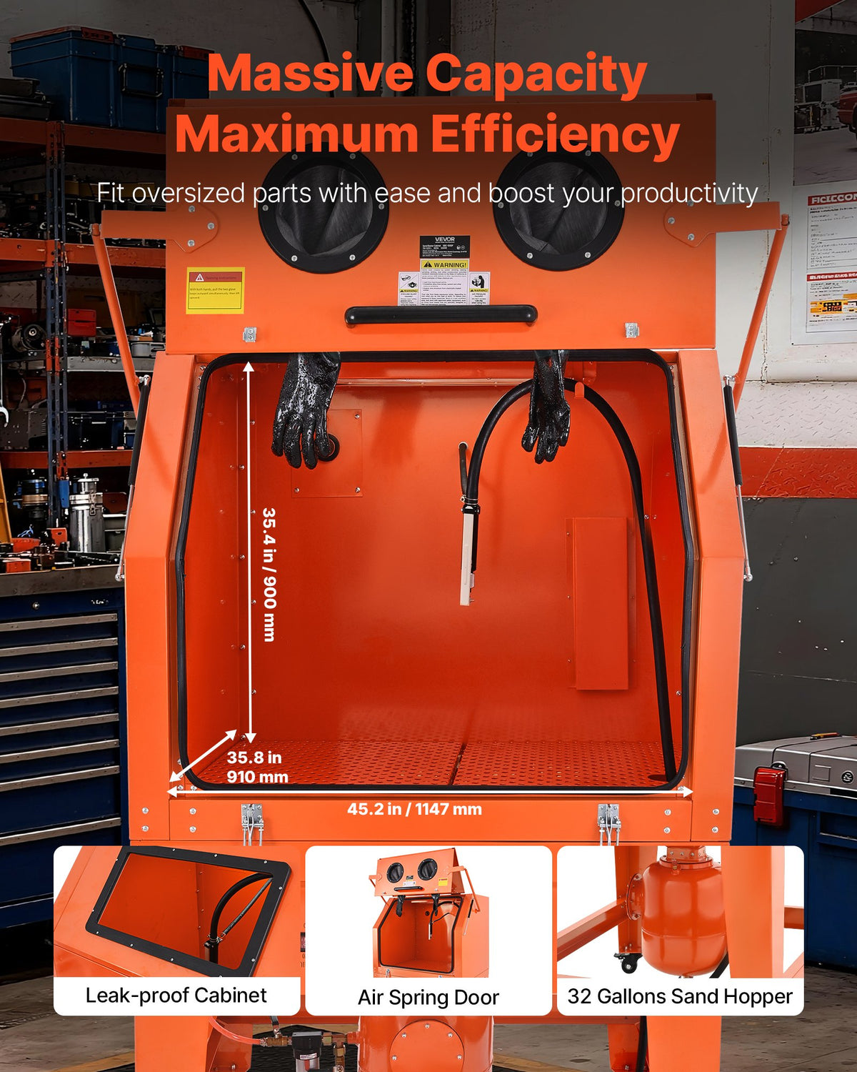 VEVOR 927 l Sandblasting Cabinet with Pressure Tank, 121 l Abrasive Tank and 1200 W Dust Collector, on Wheels