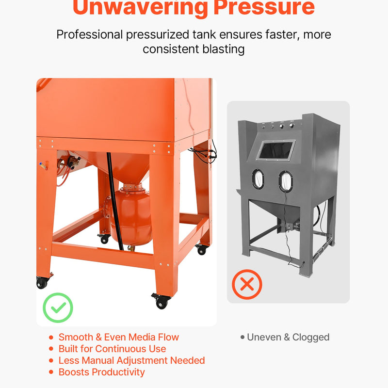 VEVOR 927 l smilšu strūklas kabīne ar spiedtvertni, pastiprināta tērauda konstrukcija uz riteņiem, 121 l abrazīvā materiāla tvertne un 1200 W jaudīgs putekļu savācējs lielgabarīta detaļu virsmu apstrādei