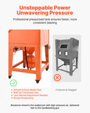 VEVOR 927 l smilšu strūklas kabīne ar spiedtvertni, pastiprināta tērauda konstrukcija uz riteņiem, 121 l abrazīvā materiāla tvertne un 1200 W jaudīgs putekļu savācējs lielgabarīta detaļu virsmu apstrādei