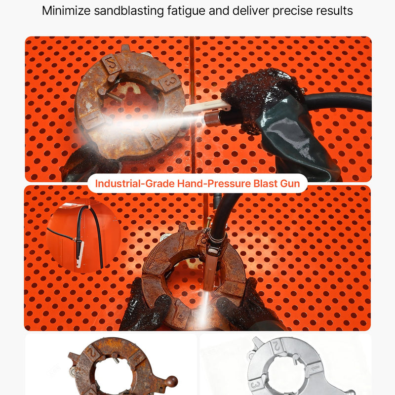 VEVOR 927 l smilšu strūklas kabīne ar spiedtvertni, pastiprināta tērauda konstrukcija uz riteņiem, 121 l abrazīvā materiāla tvertne un 1200 W jaudīgs putekļu savācējs lielgabarīta detaļu virsmu apstrādei