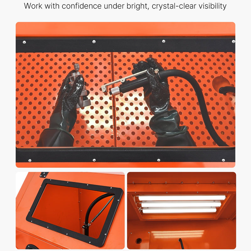 VEVOR 927 l smilšu strūklas kabīne ar spiedtvertni, pastiprināta tērauda konstrukcija uz riteņiem, 121 l abrazīvā materiāla tvertne un 1200 W jaudīgs putekļu savācējs lielgabarīta detaļu virsmu apstrādei