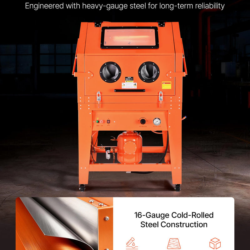 VEVOR 927 l smilšu strūklas kabīne ar spiedtvertni, pastiprināta tērauda konstrukcija uz riteņiem, 121 l abrazīvā materiāla tvertne un 1200 W jaudīgs putekļu savācējs lielgabarīta detaļu virsmu apstrādei