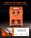 VEVOR 927 l smilšu strūklas kabīne ar spiedtvertni, pastiprināta tērauda konstrukcija uz riteņiem, 121 l abrazīvā materiāla tvertne un 1200 W jaudīgs putekļu savācējs lielgabarīta detaļu virsmu apstrādei