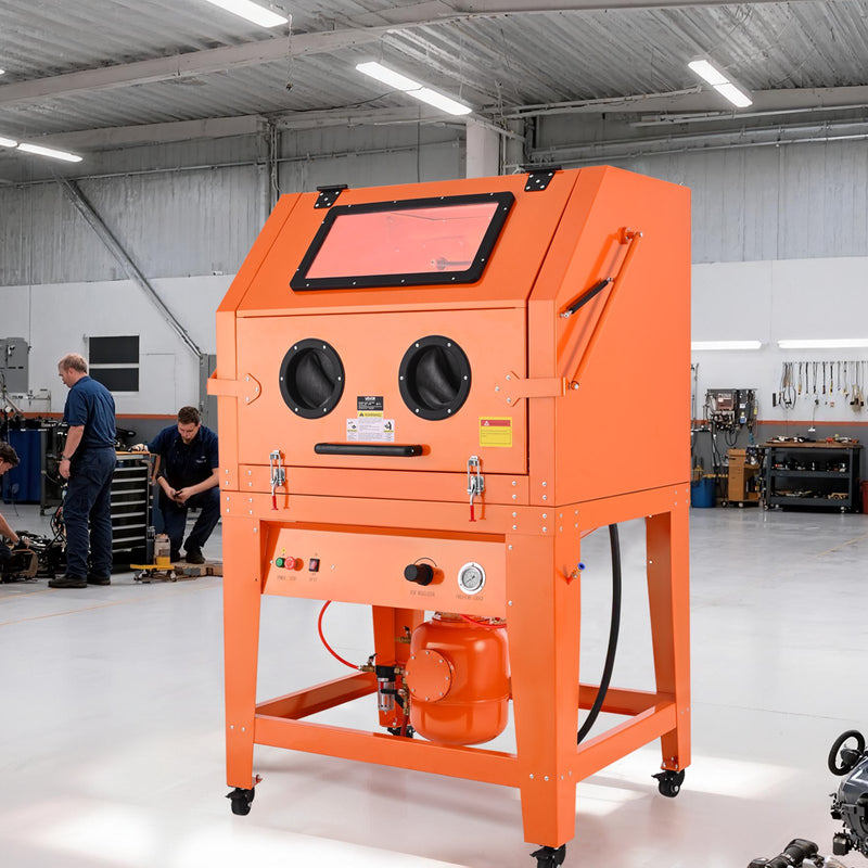 VEVOR 927 l smilšu strūklas kabīne ar spiedtvertni, pastiprināta tērauda konstrukcija uz riteņiem, 121 l abrazīvā materiāla tvertne un 1200 W jaudīgs putekļu savācējs lielgabarīta detaļu virsmu apstrādei