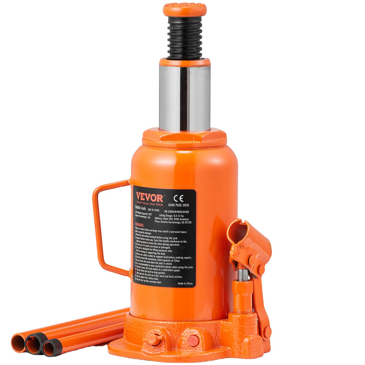 VEVOR Hydraulic Bottle Jack, 20 t Lifting Capacity, Welded Construction, Lifting Range 240–450 mm, with 3-Section Long Handle, for Cars, Pickups, Trucks, Campers, Repair and Industrial Work