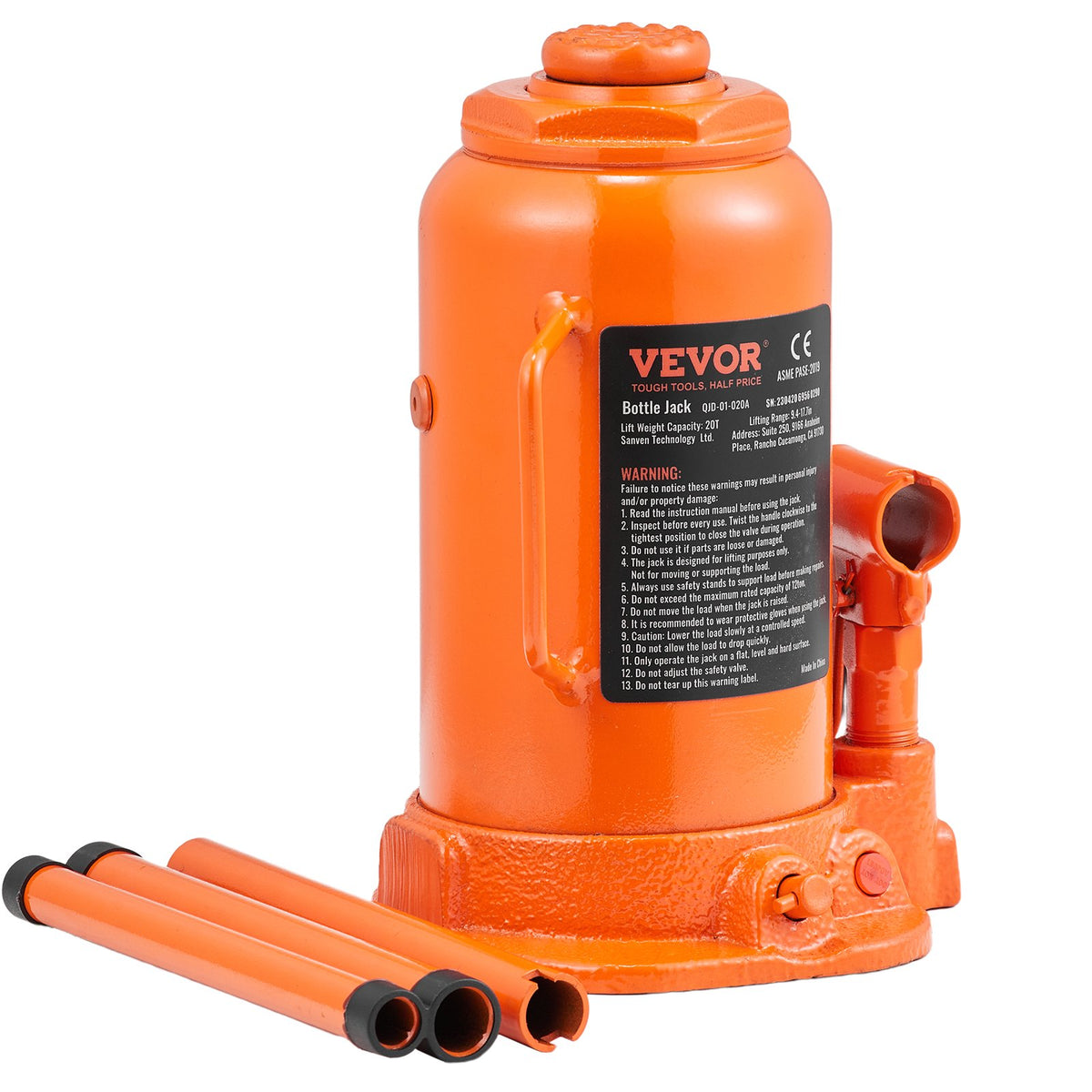 VEVOR Hydraulic Bottle Jack, 20 t Lifting Capacity, Welded Construction, Lifting Range 240–450 mm, with 3-Section Long Handle, for Cars, Pickups, Trucks, Campers, Repair and Industrial Work