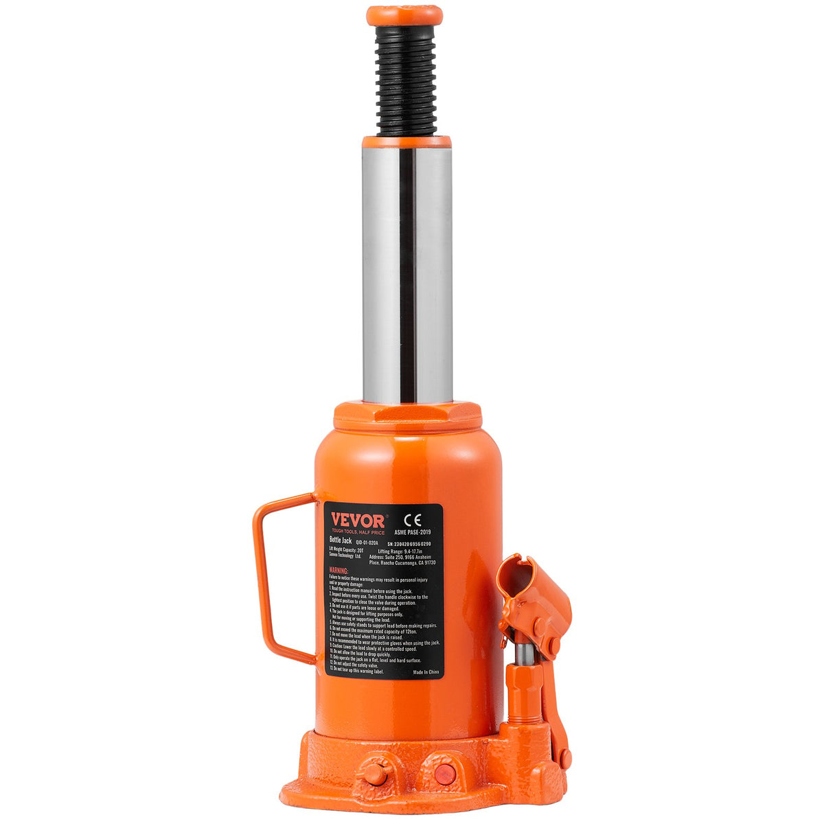 VEVOR Hydraulic Bottle Jack, 20 t Lifting Capacity, Welded Construction, Lifting Range 240–450 mm, with 3-Section Long Handle, for Cars, Pickups, Trucks, Campers, Repair and Industrial Work