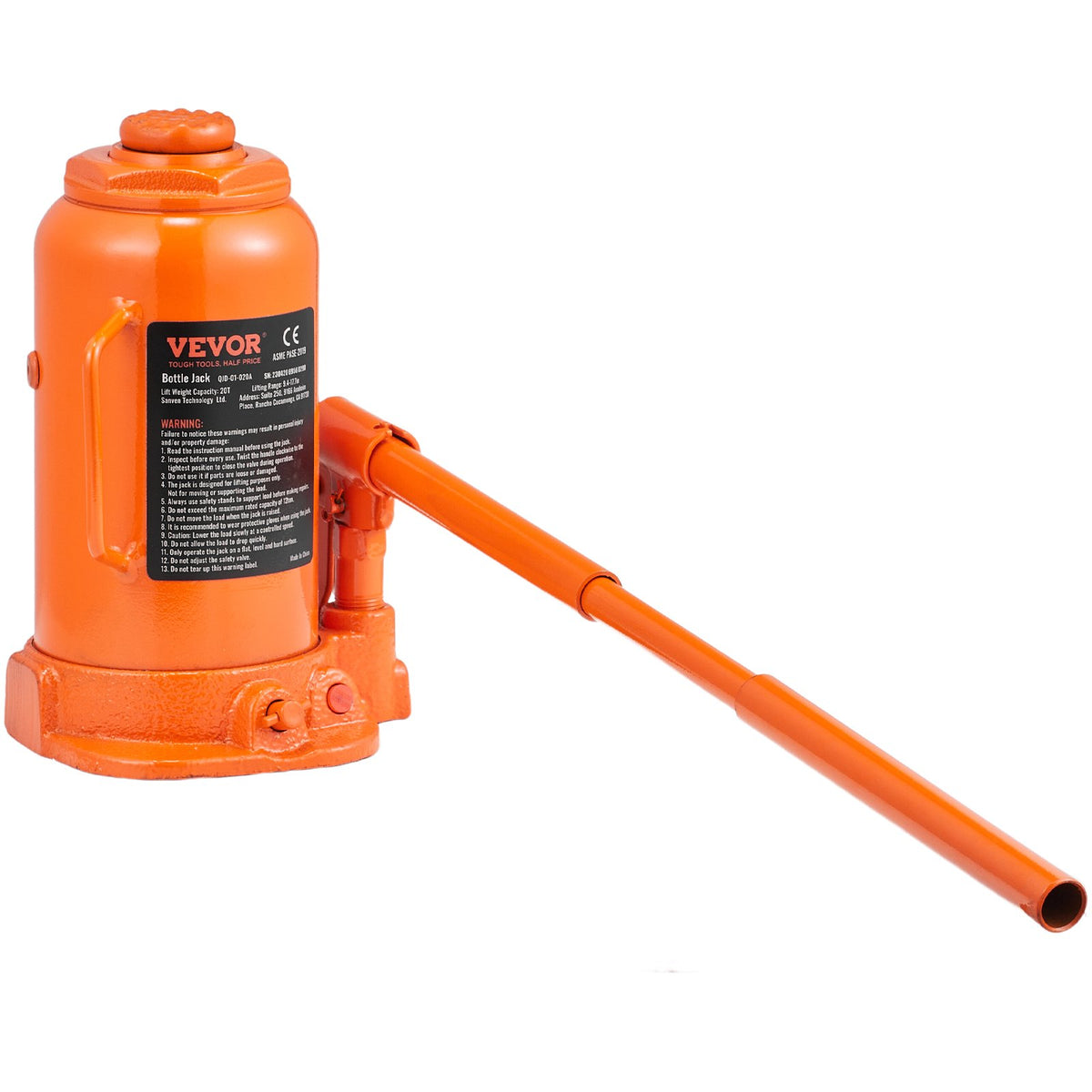 VEVOR Hydraulic Bottle Jack, 20 t Lifting Capacity, Welded Construction, Lifting Range 240–450 mm, with 3-Section Long Handle, for Cars, Pickups, Trucks, Campers, Repair and Industrial Work