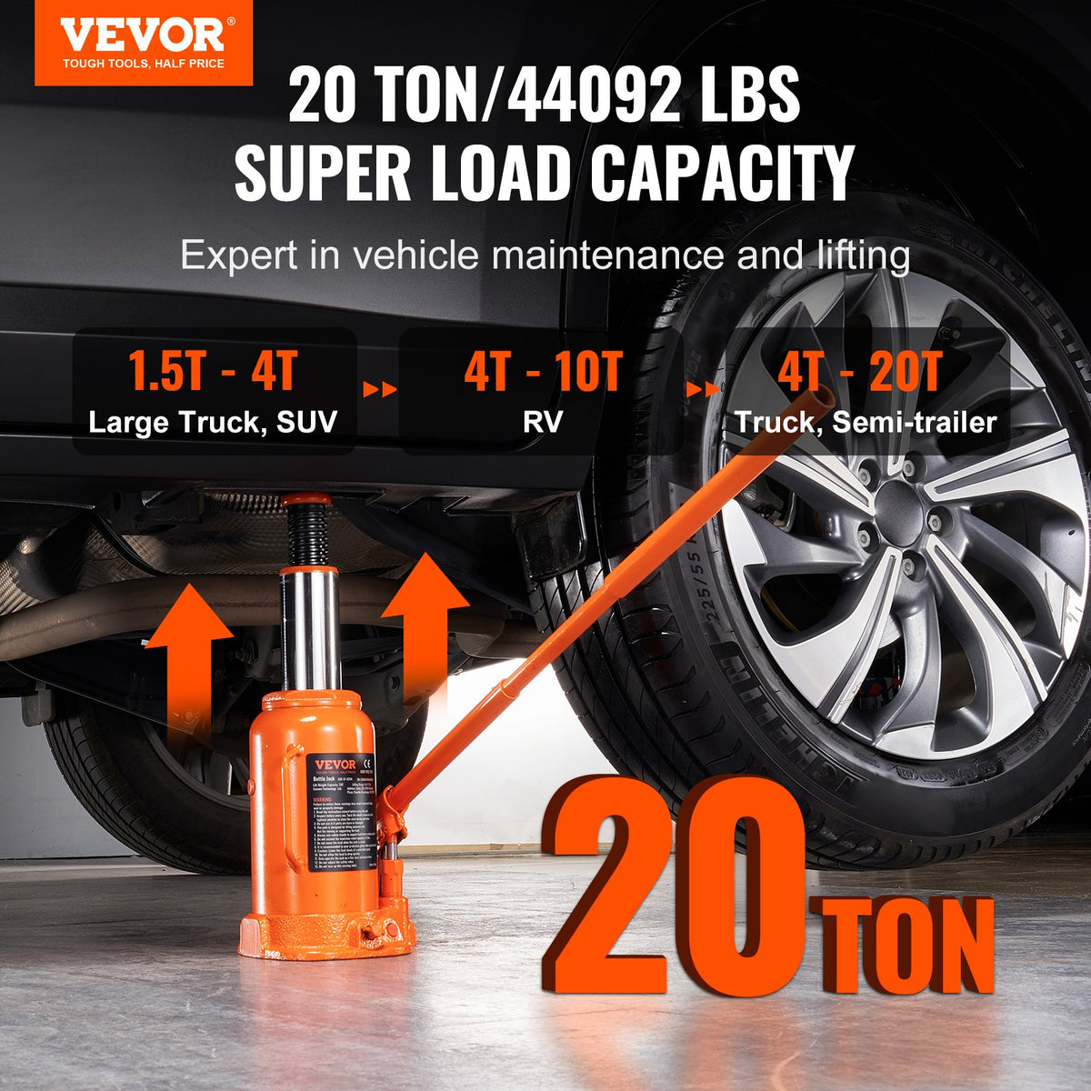 VEVOR Hydraulic Bottle Jack, 20 t Lifting Capacity, Welded Construction, Lifting Range 240–450 mm, with 3-Section Long Handle, for Cars, Pickups, Trucks, Campers, Repair and Industrial Work