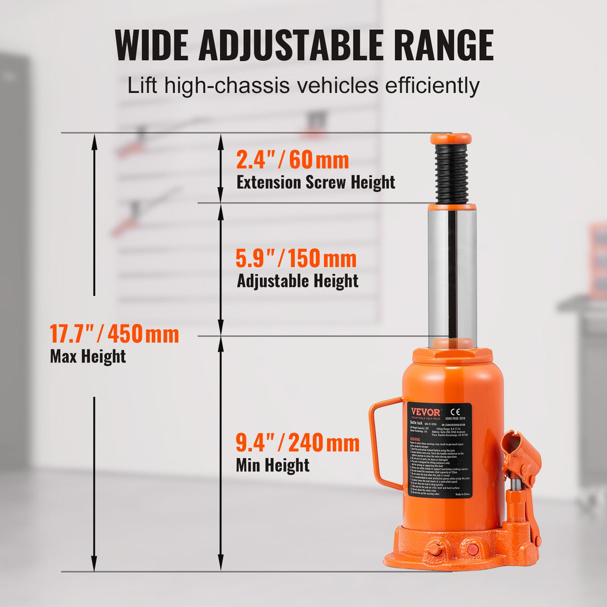 VEVOR Hydraulic Bottle Jack, 20 t Lifting Capacity, Welded Construction, Lifting Range 240–450 mm, with 3-Section Long Handle, for Cars, Pickups, Trucks, Campers, Repair and Industrial Work