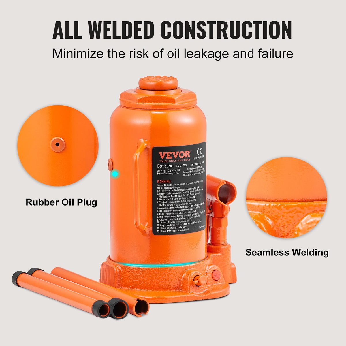 VEVOR Hydraulic Bottle Jack, 20 t Lifting Capacity, Welded Construction, Lifting Range 240–450 mm, with 3-Section Long Handle, for Cars, Pickups, Trucks, Campers, Repair and Industrial Work