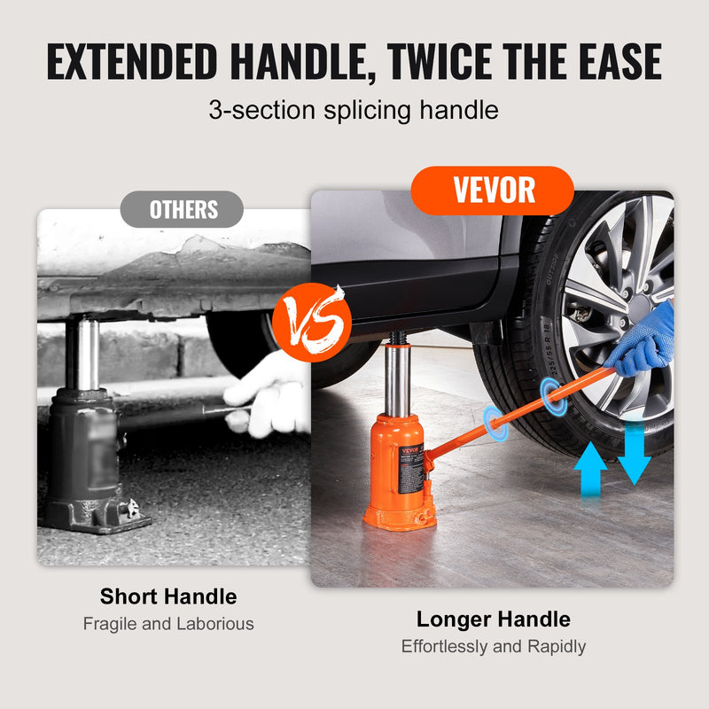 VEVOR hidrauliskais pudeļdomkrats, 20 t celtspēja, metināta konstrukcija, pacelšanas diapazons 240–450 mm, ar 3 daļīgu garo rokturi, automašīnām, pikapiem, kravas auto, kemperiem, remontam un rūpnieciskiem darbiem