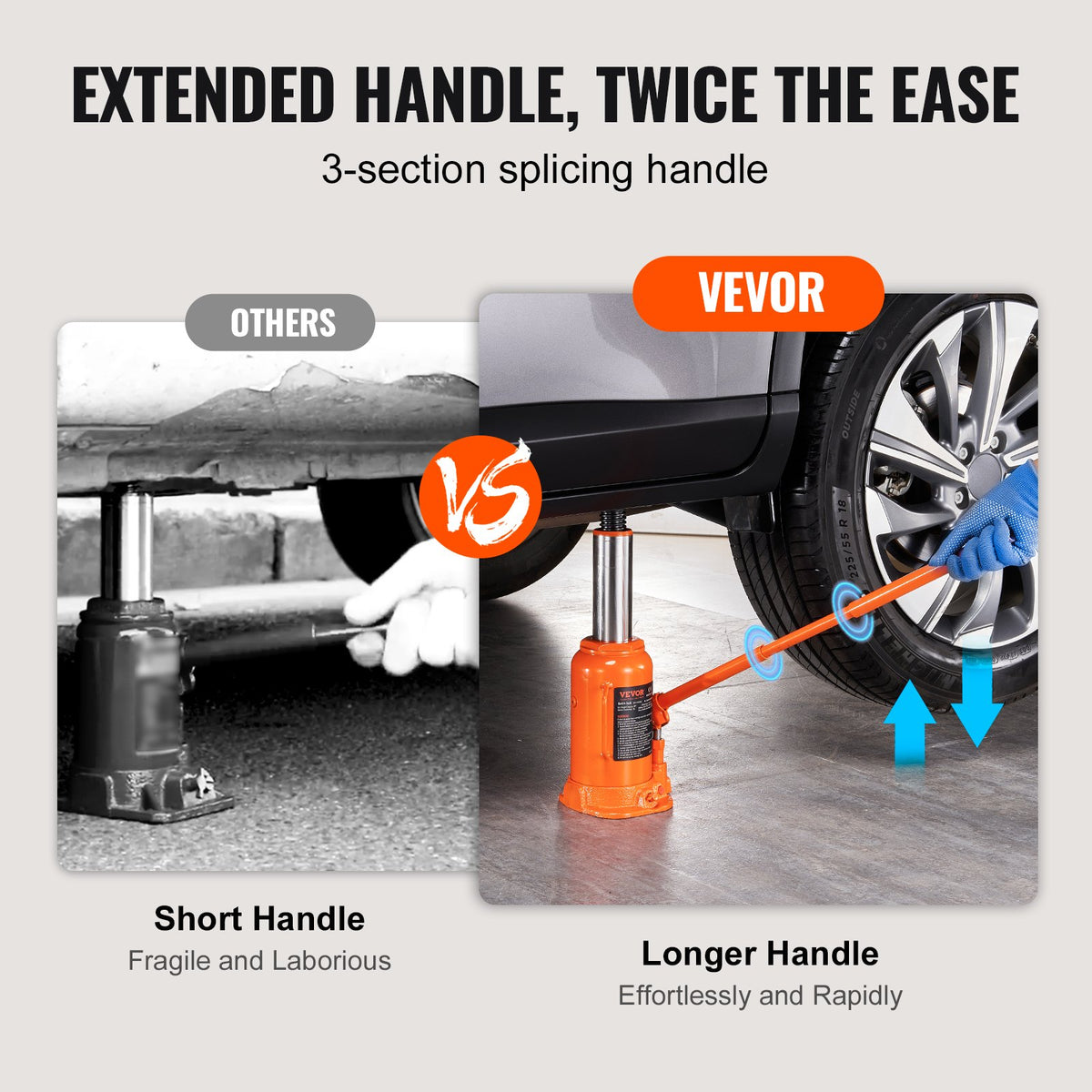 VEVOR Hydraulic Bottle Jack, 20 t Lifting Capacity, Welded Construction, Lifting Range 240–450 mm, with 3-Section Long Handle, for Cars, Pickups, Trucks, Campers, Repair and Industrial Work