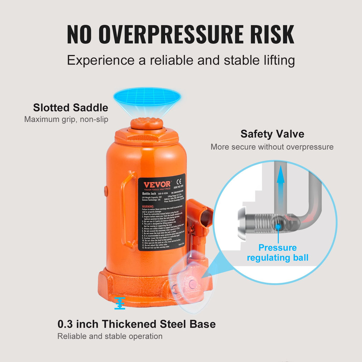 VEVOR Hydraulic Bottle Jack, 20 t Lifting Capacity, Welded Construction, Lifting Range 240–450 mm, with 3-Section Long Handle, for Cars, Pickups, Trucks, Campers, Repair and Industrial Work