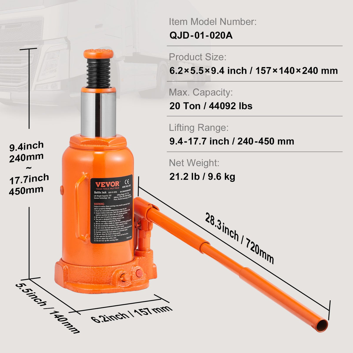 VEVOR Hydraulic Bottle Jack, 20 t Lifting Capacity, Welded Construction, Lifting Range 240–450 mm, with 3-Section Long Handle, for Cars, Pickups, Trucks, Campers, Repair and Industrial Work