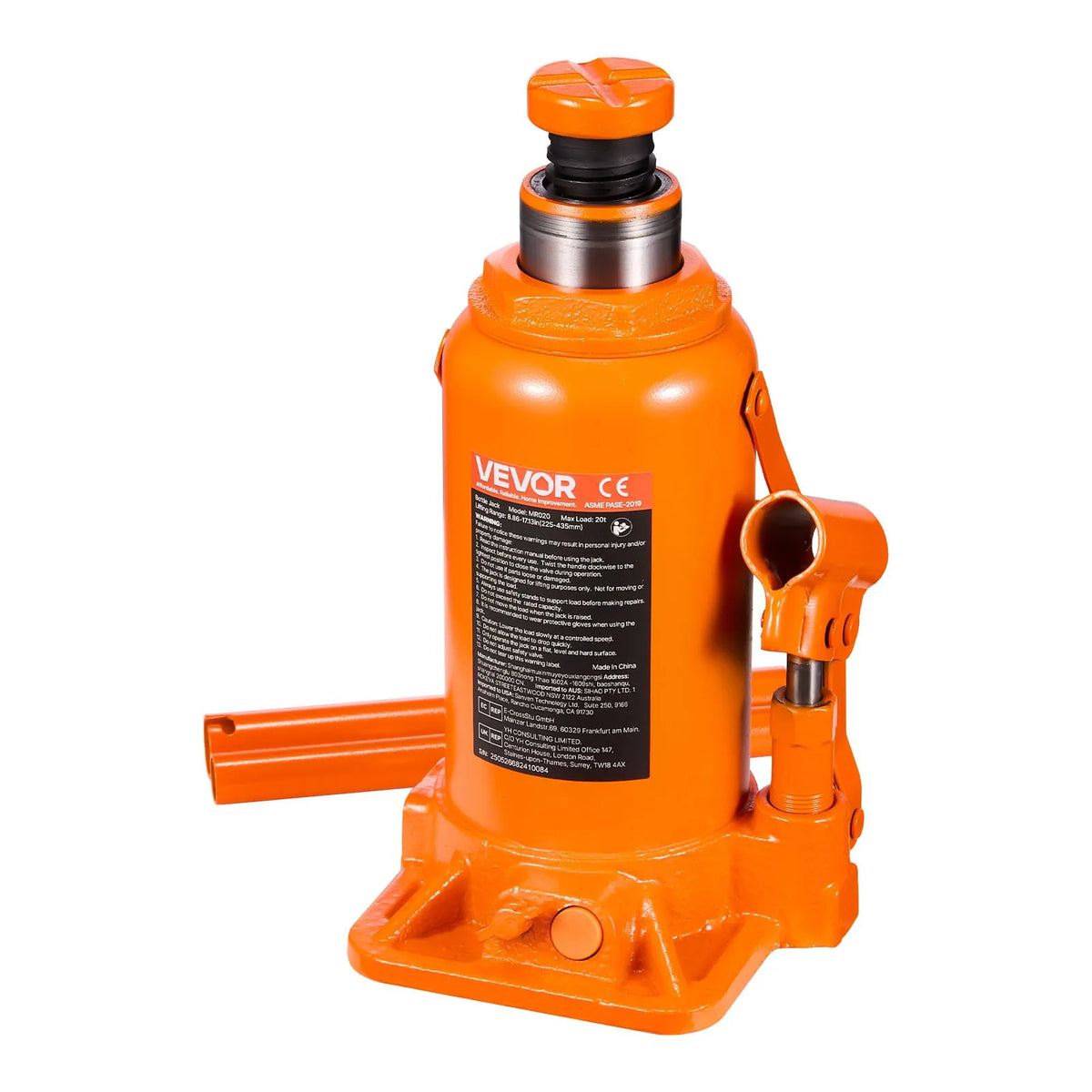 VEVOR Hydraulic Bottle Jack 20 t with Lifting Range 225–435 mm, Reinforced Welded Construction Jack for Cars, SUVs, Pickups, Auto Repair, Building Lifting and Agricultural Equipment, Orange