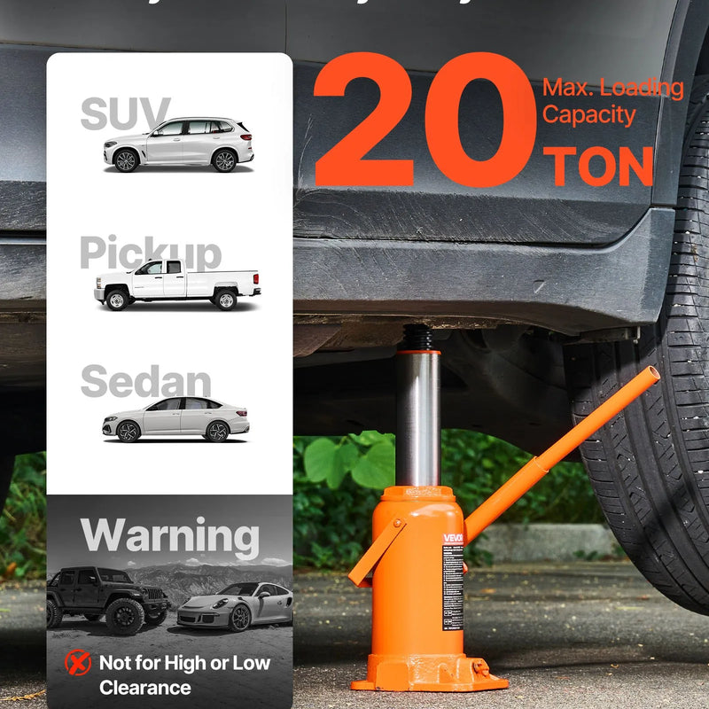 VEVOR hidrauliskais pudeles domkrats 20 t ar pacelšanas diapazonu 225–435 mm, pastiprinātas konstrukcijas metināts domkrats automašīnām, SUV, pikapiem, auto remontam, ēku pacelšanai un lauksaimniecības tehnikai, oranžs