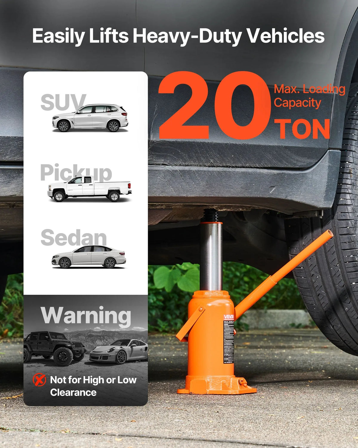 VEVOR Hydraulic Bottle Jack 20 t with Lifting Range 225–435 mm, Reinforced Welded Construction Jack for Cars, SUVs, Pickups, Auto Repair, Building Lifting and Agricultural Equipment, Orange