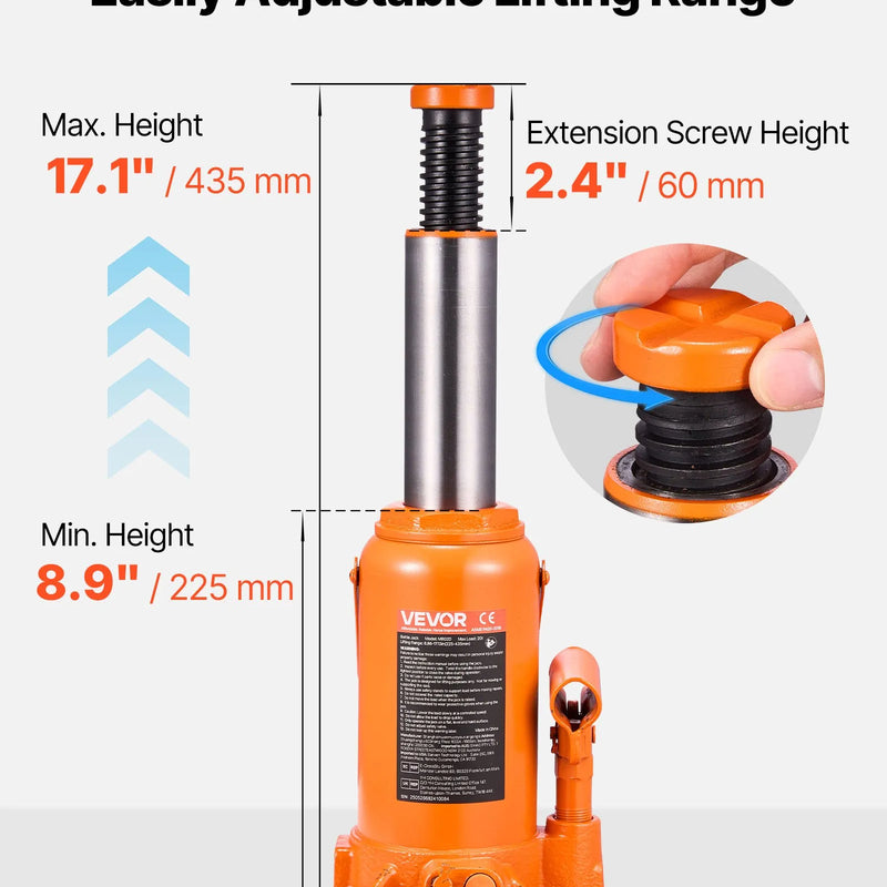 VEVOR hidrauliskais pudeles domkrats 20 t ar pacelšanas diapazonu 225–435 mm, pastiprinātas konstrukcijas metināts domkrats automašīnām, SUV, pikapiem, auto remontam, ēku pacelšanai un lauksaimniecības tehnikai, oranžs