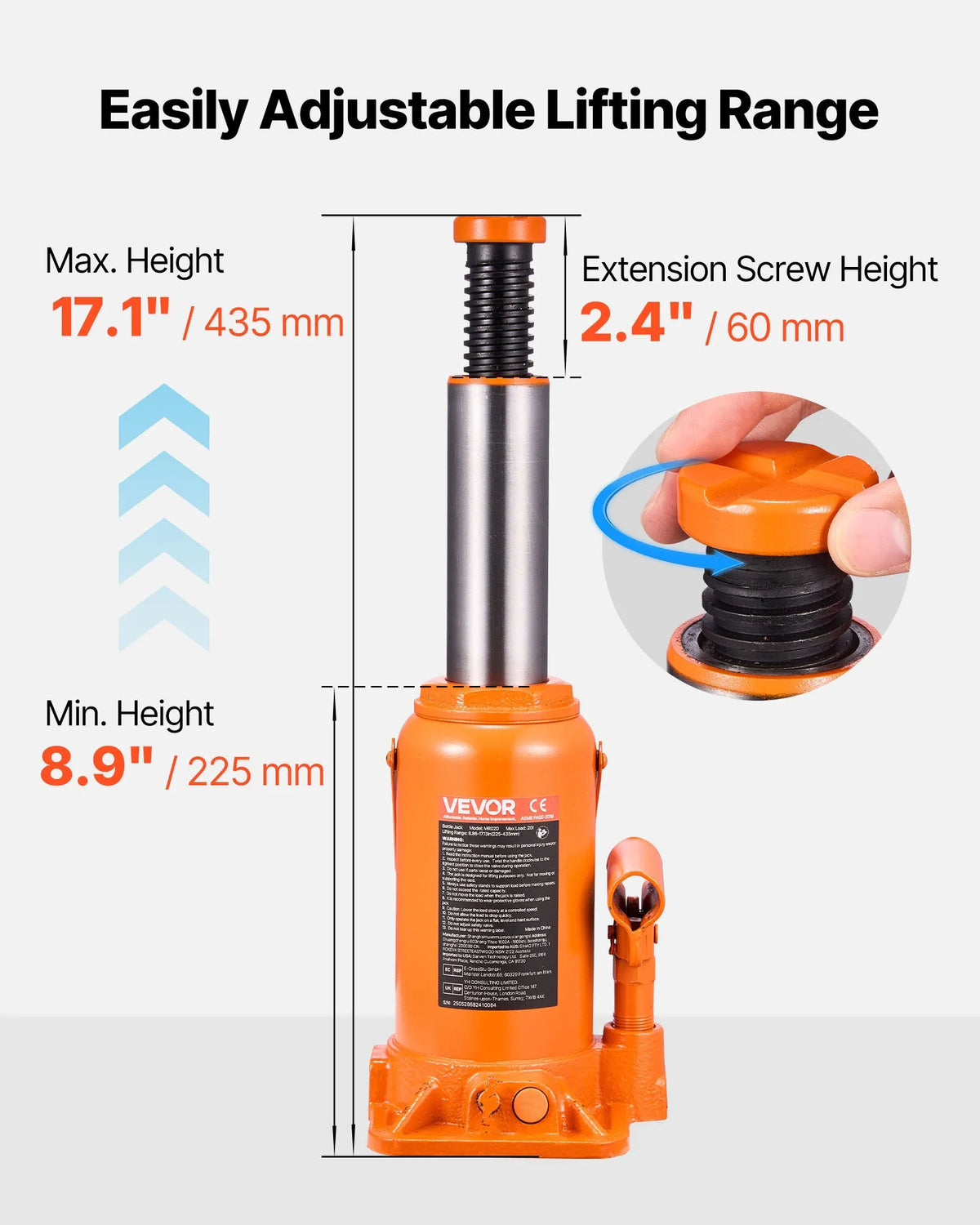 VEVOR Hydraulic Bottle Jack 20 t with Lifting Range 225–435 mm, Reinforced Welded Construction Jack for Cars, SUVs, Pickups, Auto Repair, Building Lifting and Agricultural Equipment, Orange