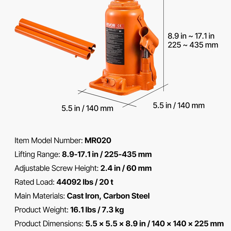 VEVOR hidrauliskais pudeles domkrats 20 t ar pacelšanas diapazonu 225–435 mm, pastiprinātas konstrukcijas metināts domkrats automašīnām, SUV, pikapiem, auto remontam, ēku pacelšanai un lauksaimniecības tehnikai, oranžs