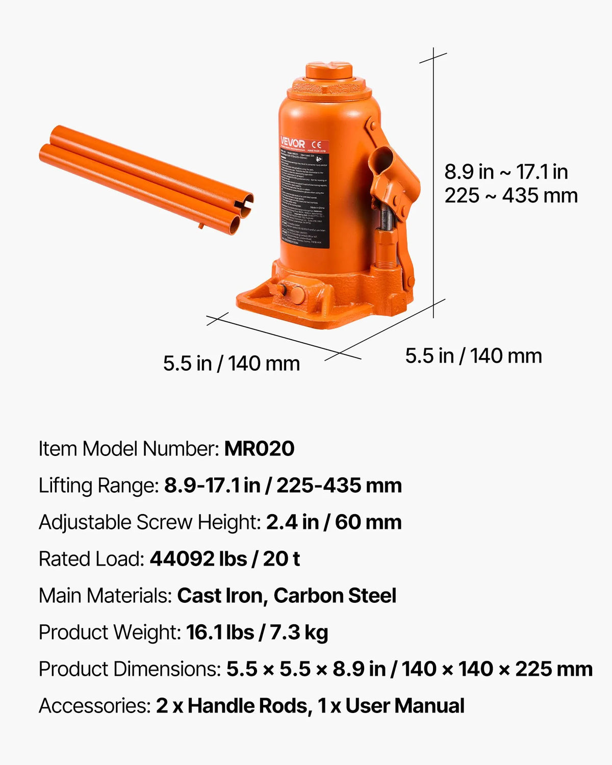VEVOR Hydraulic Bottle Jack 20 t with Lifting Range 225–435 mm, Reinforced Welded Construction Jack for Cars, SUVs, Pickups, Auto Repair, Building Lifting and Agricultural Equipment, Orange