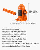 VEVOR hidrauliskais pudeles domkrats 20 t ar pacelšanas diapazonu 225–435 mm, pastiprinātas konstrukcijas metināts domkrats automašīnām, SUV, pikapiem, auto remontam, ēku pacelšanai un lauksaimniecības tehnikai, oranžs