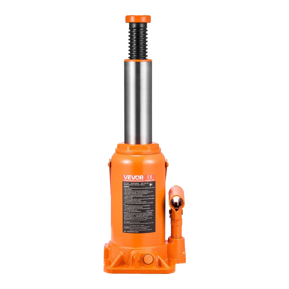 VEVOR Hydraulic Bottle Jack 20 t with Lifting Range 225–435 mm, Reinforced Welded Construction Jack for Cars, SUVs, Pickups, Auto Repair, Building Lifting and Agricultural Equipment, Orange