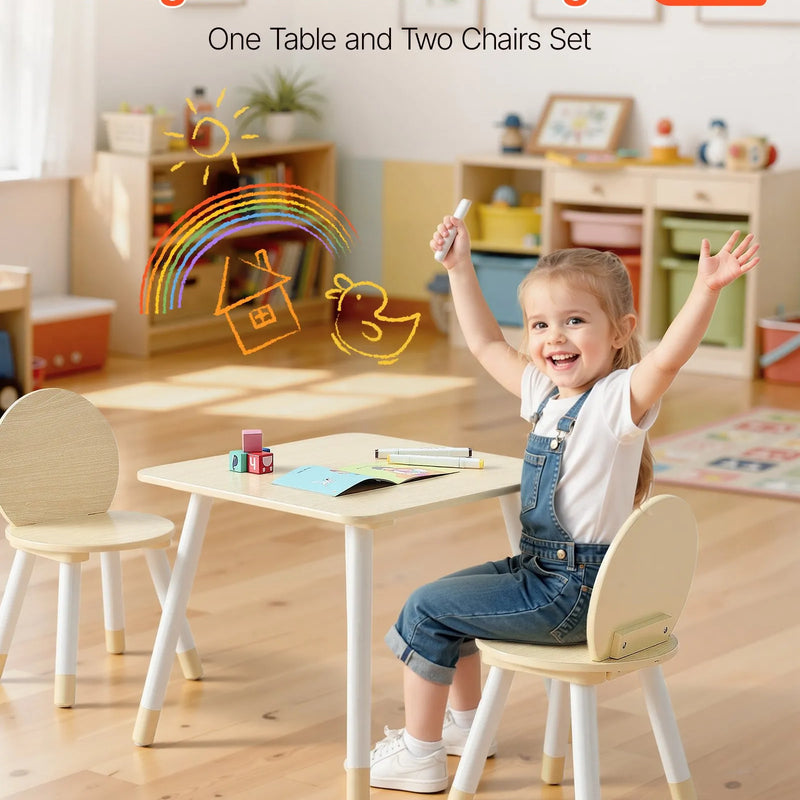 VEVOR bērnu galds ar 2 krēsliem, toddleru galds un krēslu komplekts ar apaļotu stūru dizainu un grafiti galda virsmu, koka galds mākslai, radošajām aktivitātēm, lasīšanai, mācībām un zīmēšanai, piemērots klasēm, bērnudārziem vai mājām, burlywood krāsā.