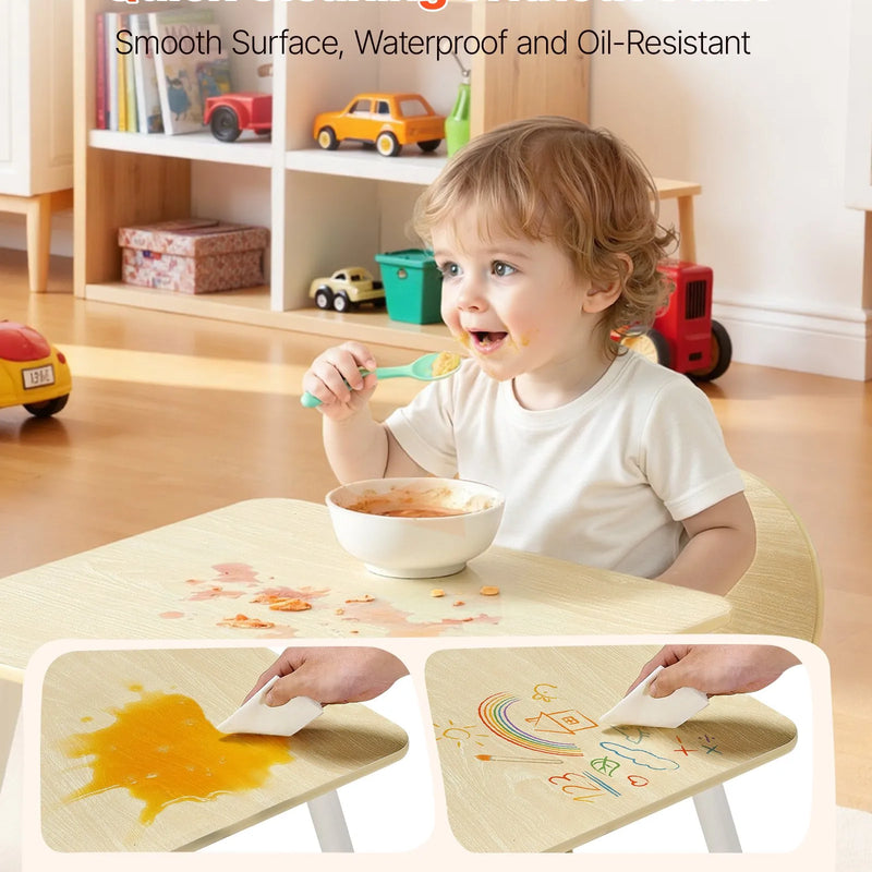 VEVOR bērnu galds ar 2 krēsliem, toddleru galds un krēslu komplekts ar apaļotu stūru dizainu un grafiti galda virsmu, koka galds mākslai, radošajām aktivitātēm, lasīšanai, mācībām un zīmēšanai, piemērots klasēm, bērnudārziem vai mājām, burlywood krāsā.