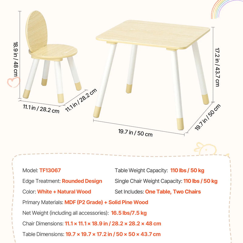 VEVOR bērnu galds ar 2 krēsliem, toddleru galds un krēslu komplekts ar apaļotu stūru dizainu un grafiti galda virsmu, koka galds mākslai, radošajām aktivitātēm, lasīšanai, mācībām un zīmēšanai, piemērots klasēm, bērnudārziem vai mājām, burlywood krāsā.