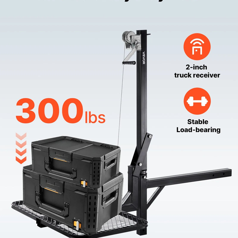 VEVOR piekabes medījuma pacēlājs ar platformu un vinčas sistēmu 136 kg, salokāms medījuma pacēlājs ar 360° rotējošu asi un 50 mm stiprinājumu medījuma pārvietošanai